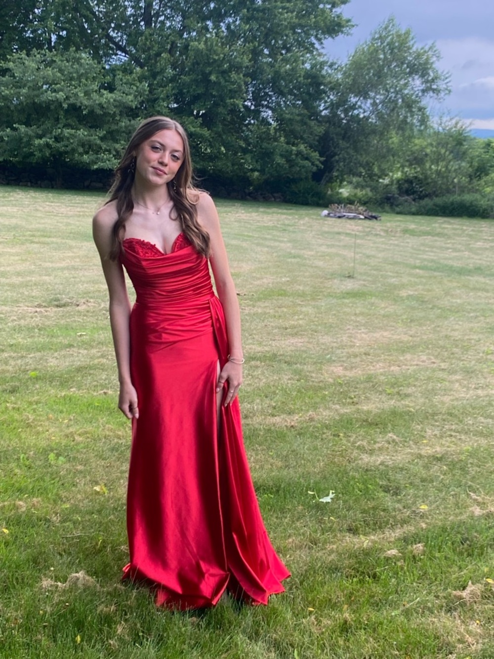 Red Strapless Satin Evening Gown